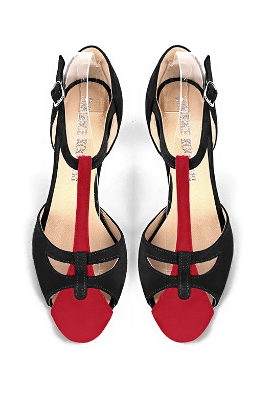 Cardinal red and matt black women's T-strap open side shoes. Round toe. High kitten heels. Top view - Florence KOOIJMAN